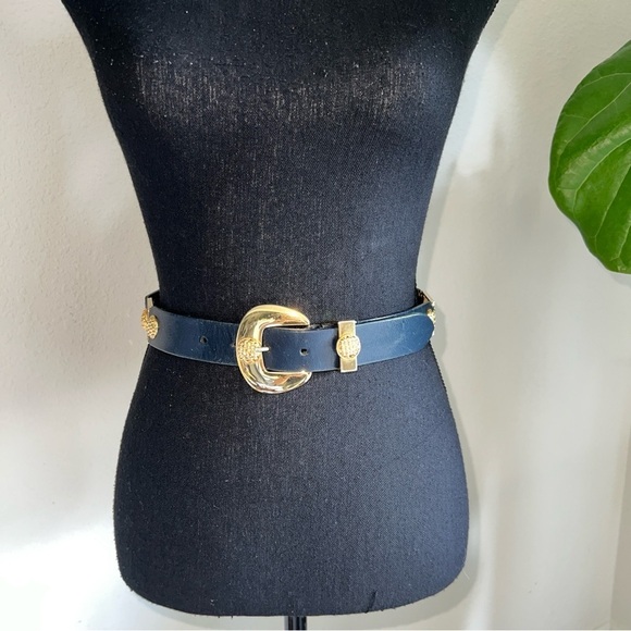 ESCADA St. Michael Collaboration Navy Blue Leather Gold Tone Hardware VTG Belt main image 15